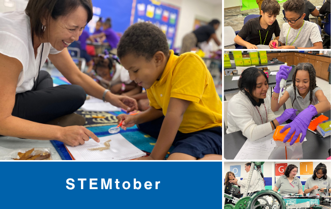4 photos for students doing STEM activities and the words STEMtober