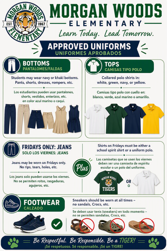 Uniform flyer with shirts in white, yellow and dark green. Khaki bottoms and athletic shoes.
