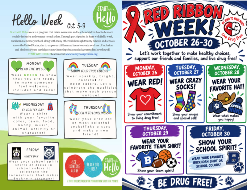 Hello week and Red Ribbon week information for each day of the week