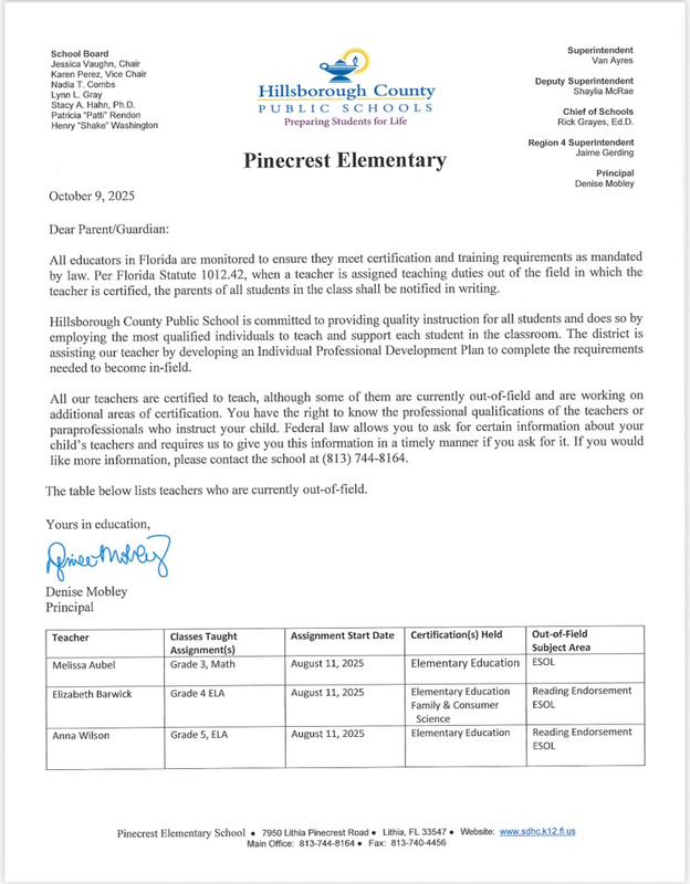 Out-of-field parent notification English