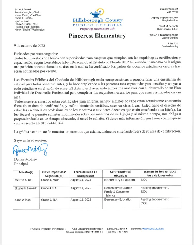 Out-of-field parent notification Spanish