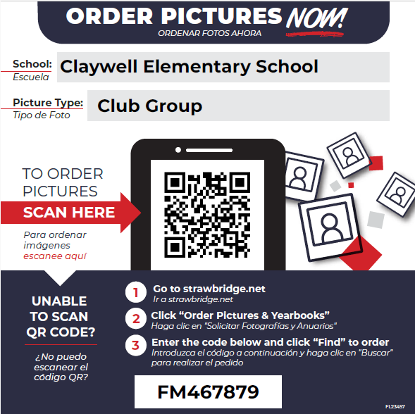 QR Code to scan to order club photos for $13, cash can also be sent with student to school