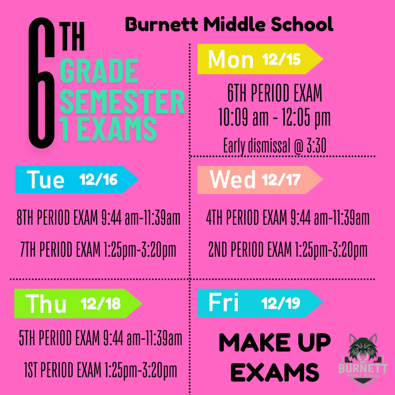 6th grade semester 1 exam schedule