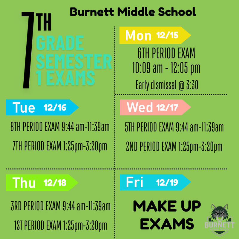 7th grade semester 1 exam schedule