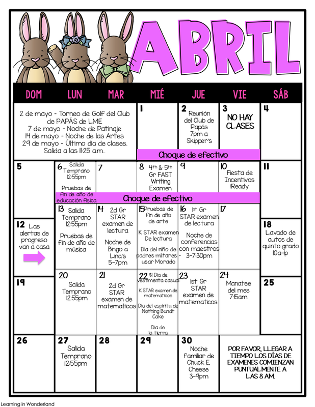 April Calendar Spanish