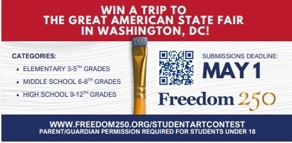 rectangle with a maroon strip along the  top and white lettering; bottom: dark blue strip wiblue background; middle: large, white rectangle with a gray wood grain pattern; QR code, dark blue text; gold, shiny 250th lettering; 