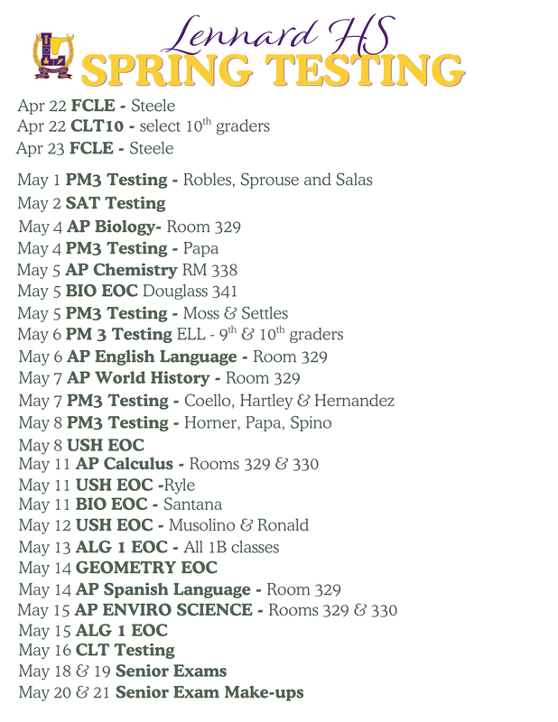 Spring Testing Schedule