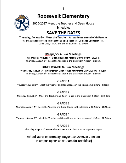 meet the teacher and open house dates and times 