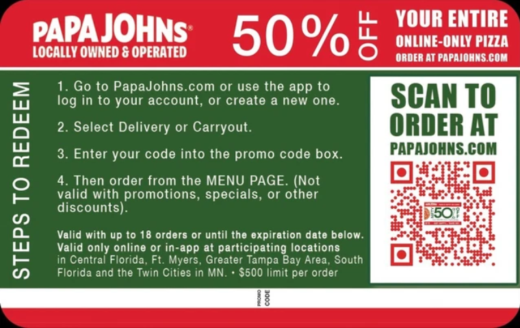 papa johns nifty fifty card fundraiser details