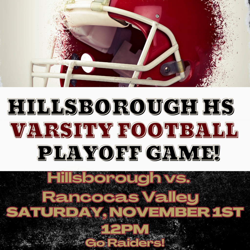 Attention Raiders! Tomorrow's Varsity Football Playoff Game is at 12pm at Rancocas Valley Regional HS -520 Jacksonville Rd, Mount Holly, NJ. Come cheer on your team! Go Raiders!