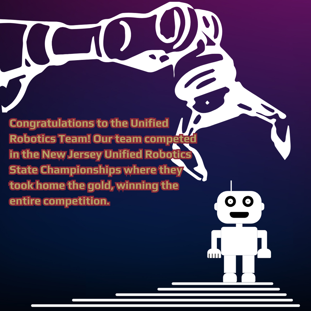 Congratulations to the Unified Robotics Team! This weekend, our team competed in the New Jersey unified robotics state championships where they took home the gold, winning the entire competition. A big thank you to the RoboRaiders who worked with the team and Mrs. Iyer and Mrs. Zavacki who made the success of the team possible! Amazing job! Go Raiders!