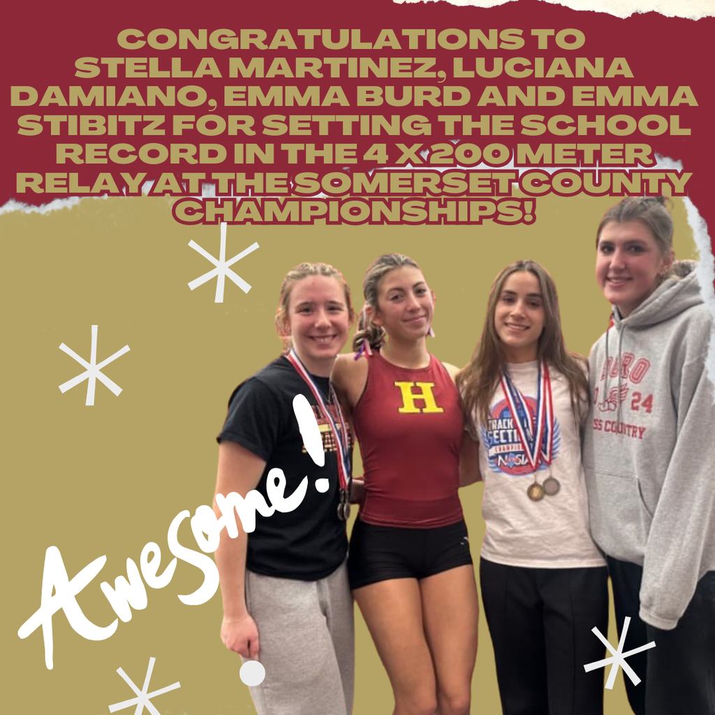 Congratulations to Stella Martinez, Luciana Damiano, Emma Burd and Emma Stibitz for setting the school record in the 4 x 200 meter relay at the Somerset County Championships. Amazing job! Go Raiders!