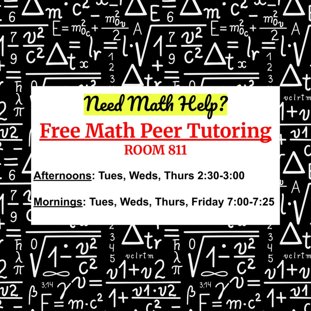 Math Peer Tutoring is free and available for HHS students in CP Algebra 1, Geometry, Algebra 2, Algebra 3/Trig and Pre-Calc. Tuesday through Friday mornings from 7am -7:25, and Tuesday through Thursday afternoons from 2:30 to 3:00 in room 811.  HHS students can just stop in and get math help for free- no appointment necessary. Ask your math teacher for more details. Go Raiders! 