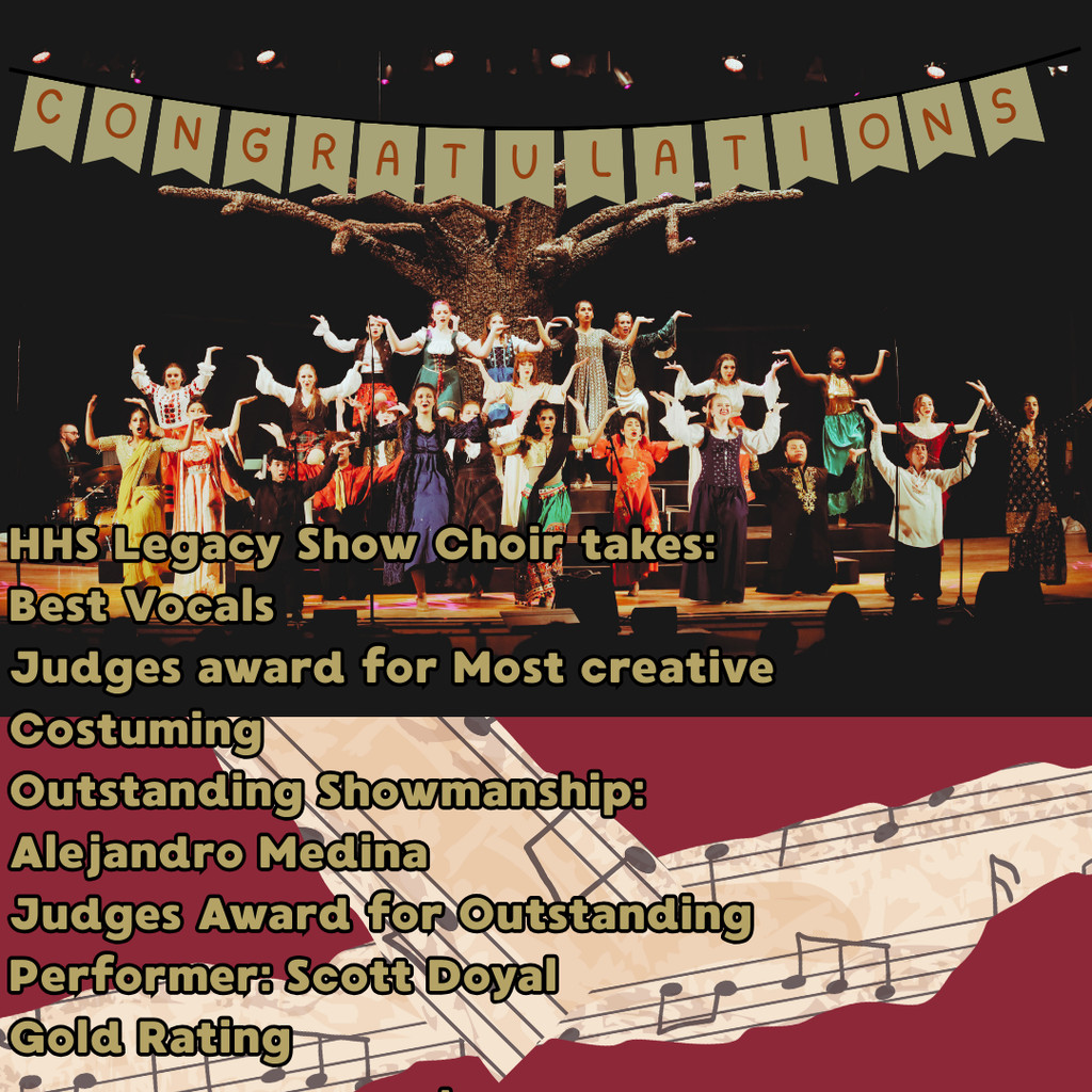 Students from the HHS Legacy Show Choir traveled to Massachusetts to compete in the Shepherd Hill Show Choir Festival.    We are thrilled to share that Legacy was awarded Best Vocals, Judges Award for Most Creative Costuming, Gold Rating, Outstanding Showmanship: Alejandro Medina, and the Judges Award for Outstanding Performer: Scott Doyal. Congratulations! Go Raiders!