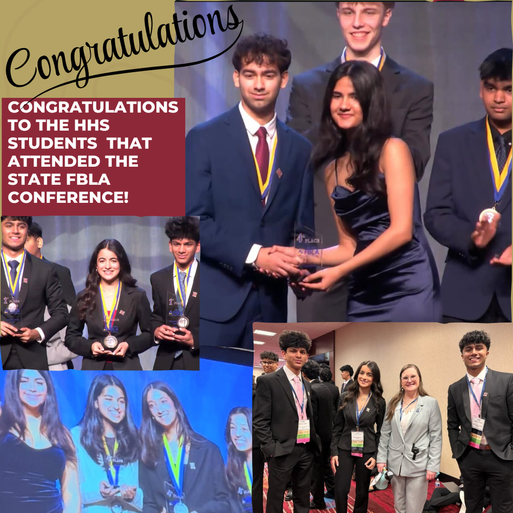 Congratulations to our winners from the State FBLA Conference. HHS has 10 students that are qualified to go to Nationals: Ronav Desai, Sarang Khullar, Aalya  Kapoor, Omkaar Bharadwaaj, Miraya Bhaiya, Mishka Bhaiya, Maya Patel, Aryan Arora, Kritin Lakkavajhala, Suraj Tripathy. Amazing job! Go Raiders!
