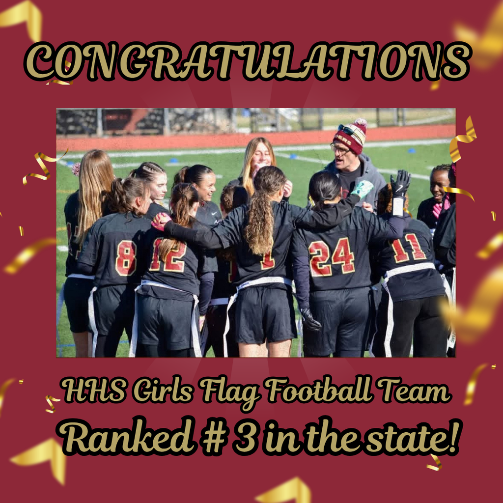 The HHS Flag Football team improved to 4-0 on the season with an impressive 44-8 win against Ridge. Keira Collins threw for 5 touchdown passes and 325 yards. Keira connected with Kelly Collins for 3 touchdowns and Syd Vamos for 2 touchdowns.  Steph Vamos also had an incredible interception in the 4th quarter to seal the win! The HHS Flag team is now ranked #3 in the state by NJ.com! Amazing job! Go Raiders!