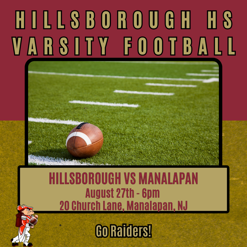 Attention Raiders! Thursday's Varsity Football Game is at 6pm at Manalapan High School - 20 Church Lane, Manalapan, NJ. Come cheer on your team! Go Raiders!