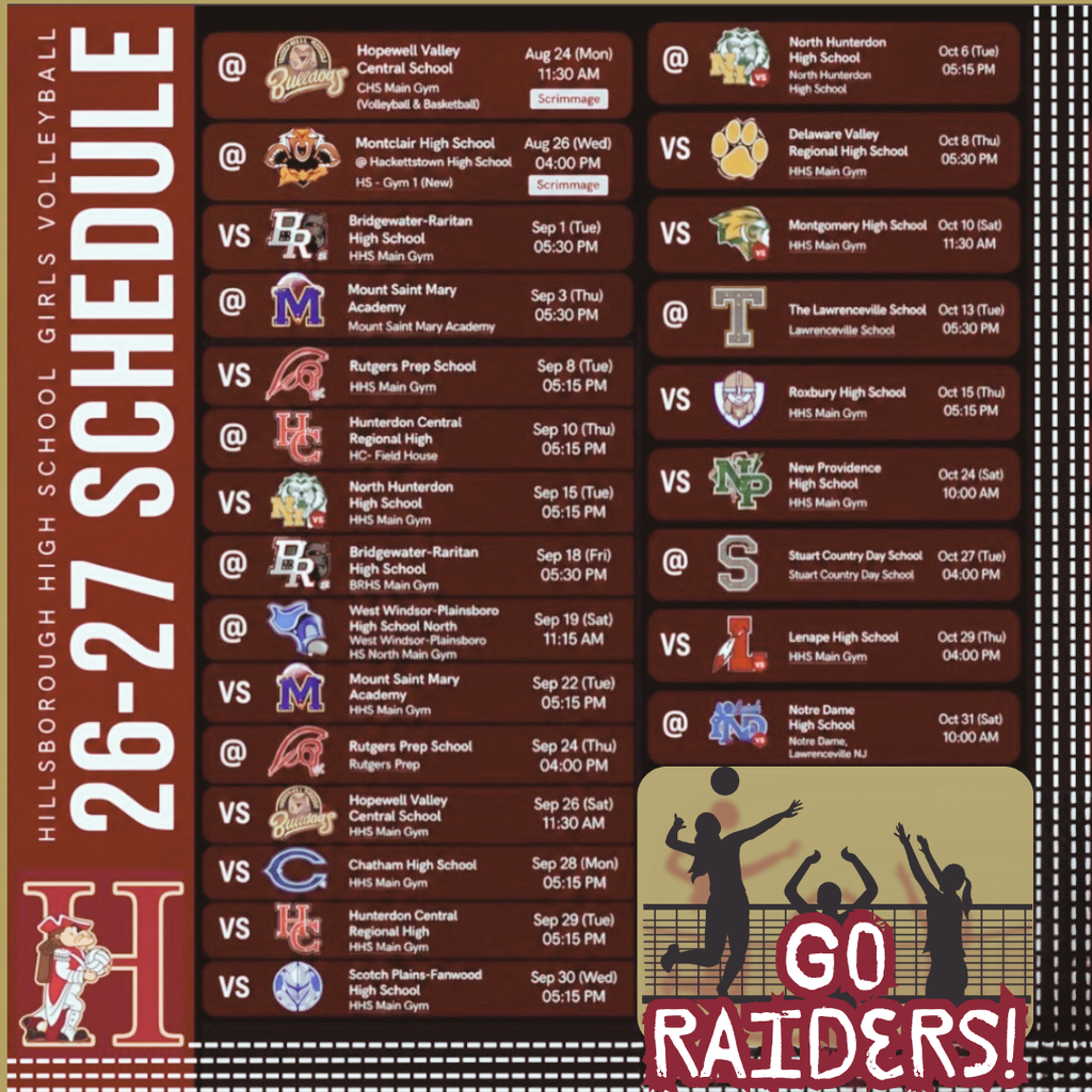 Attention Raiders! The Girls Varsity Volleyball Schedule is HERE!  Come out and support the team this season! Go Raiders!