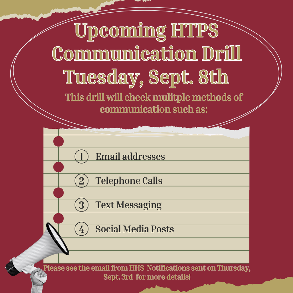 Dear HHS Parents/Guardians, At the start of each school year, we conduct a comprehensive test of our school’s communication systems. This includes all methods used to contact families: email, text messaging, phone calls, and social media posts. You can review and update your contact information by logging into your Genesis Parent Portal or by visiting our School Notifications Quick Start Guide https://www.htps.us/page/school-notifications?utm_source=chatgpt.com