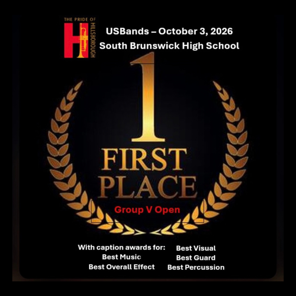 Congratulations to the Pride of Hillsborough on their 1st place win at the South Brunswick High School Marching Band competition earlier this month! Their performance won 1st place in the Group V Open with Caption awards for Best Music, Best Overall Effect, Best Visual, Best Guard and Best Percussion. Amazing job! Go Raiders!