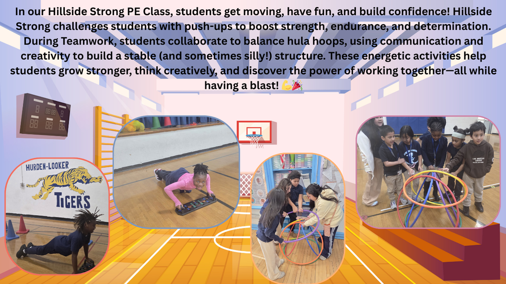 students doing push ups and building with hula hoops