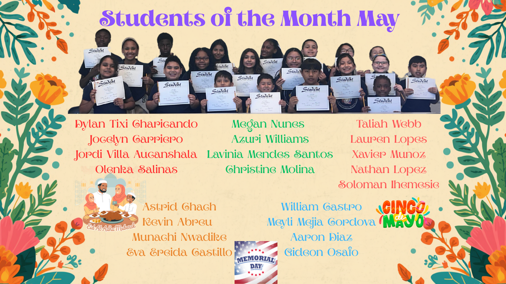 Picture of students  for May month and list of their names 