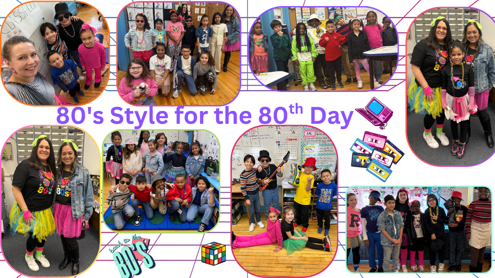 staff and students dress in 8o's style 