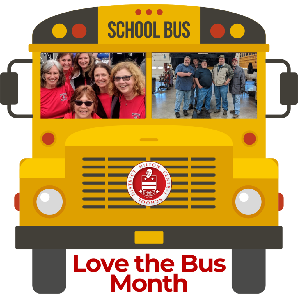 Front of school bus with staff photos