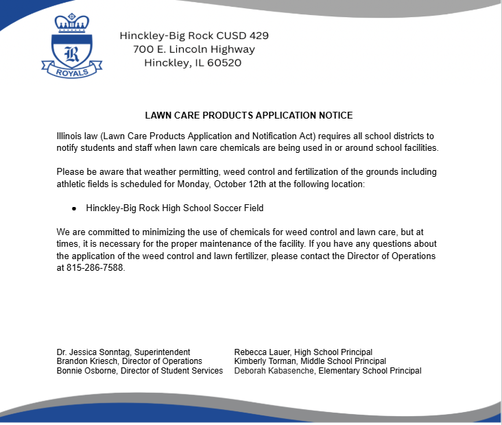Lawn Care Application Notice HBRHS Soccer Field 10-12-26