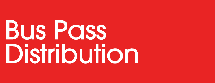 Bus Pass Distribution in white letters with red background.