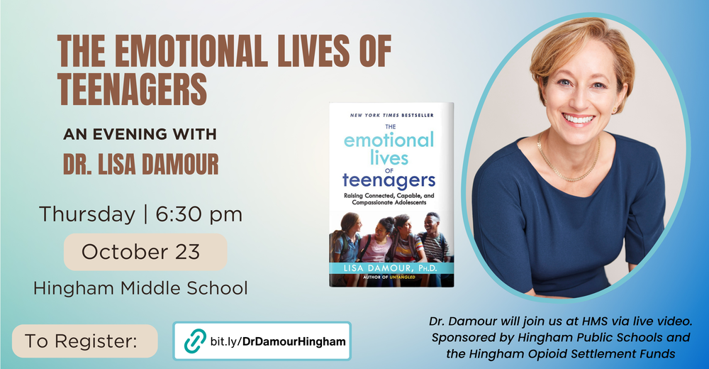 Banner image with picture of Dr. Lisa Damour smiliing beside her book, the emotional lives of teenagers.