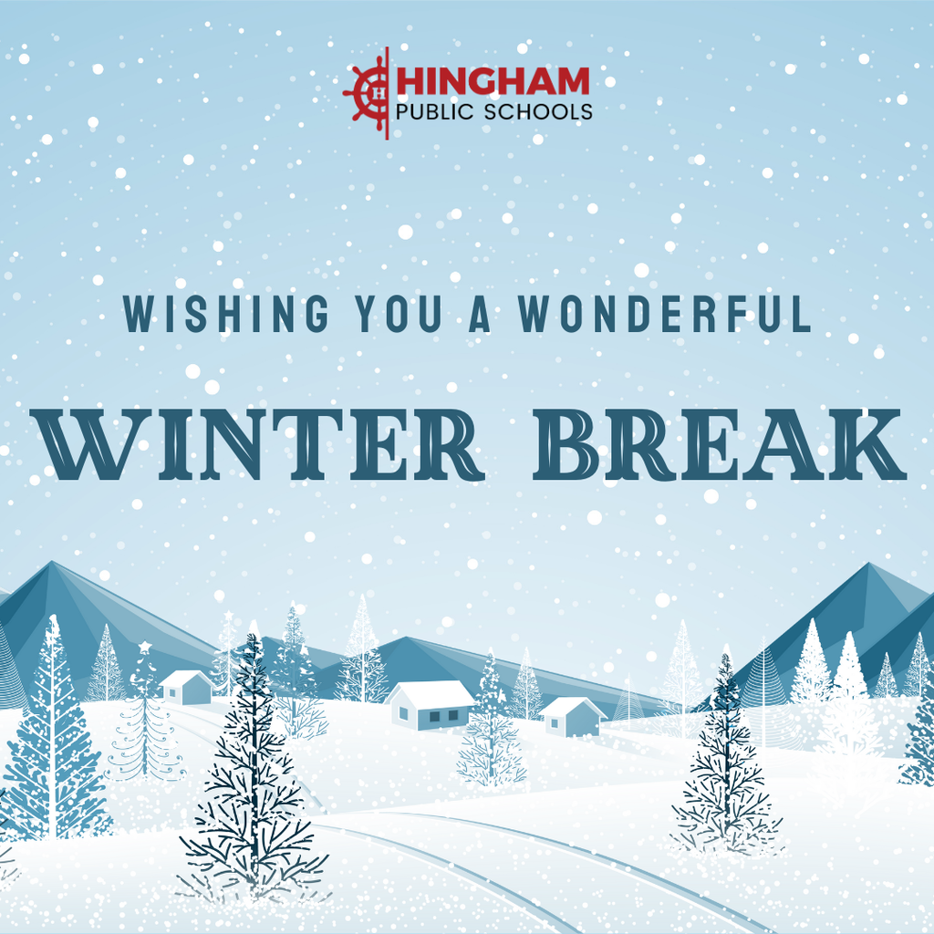 A graphic that says Wishing you a wonderful winter break. The background is a snowy scene in the mountains with a cabin, mountains, and snow covered trees.
