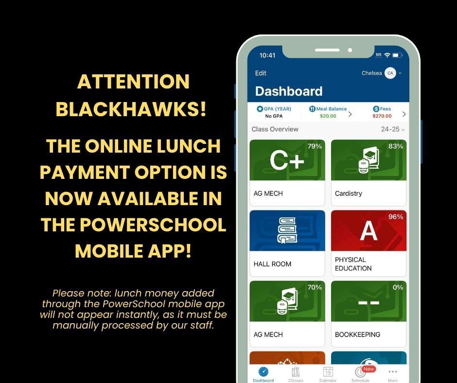 Image of phone layout with notification that the online lunch payment option is available on the PowerSchool Mobile App