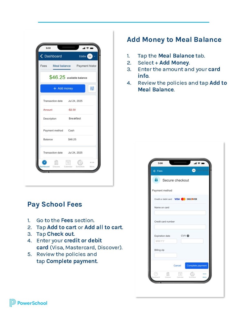 Image and directions to use the PowerSchool Mobile App for payments
