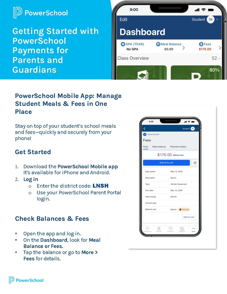 Image and directions to use the PowerSchool Mobile App for payments