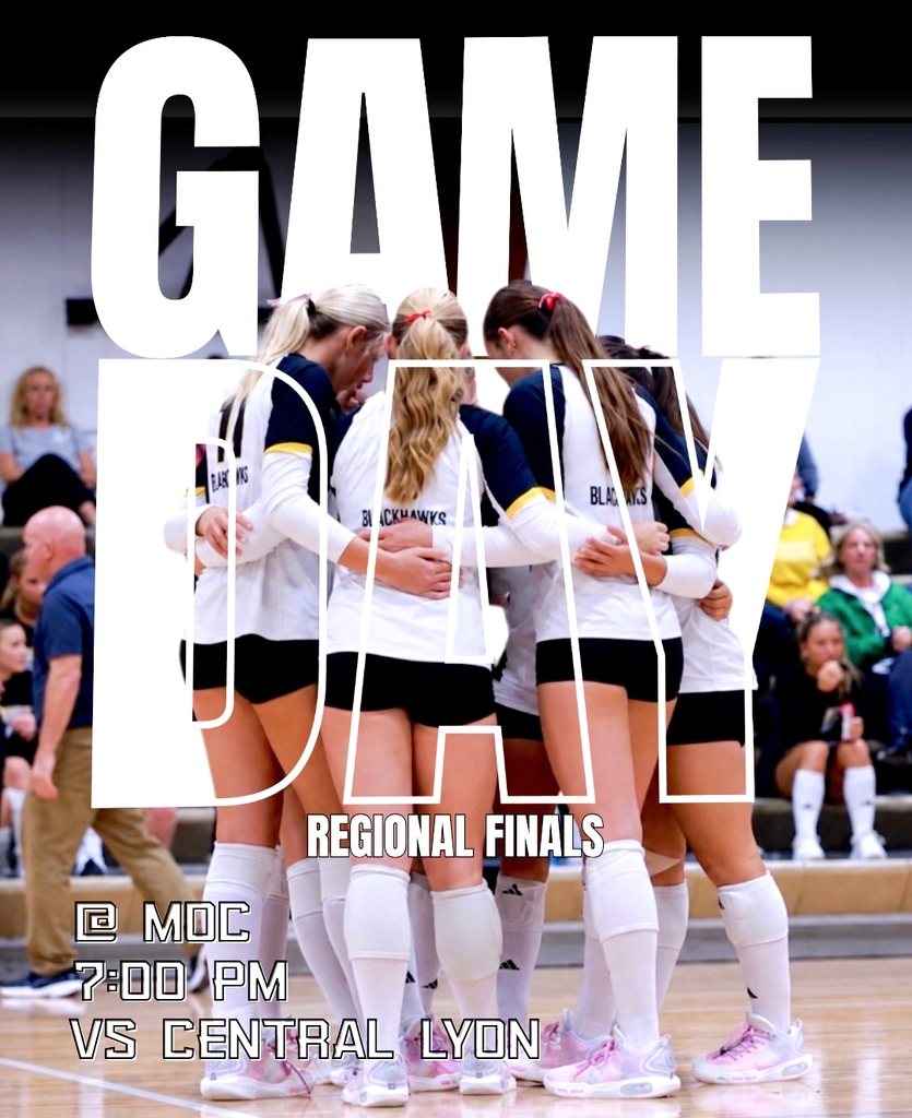 Hinton volleyball players huddle on the court beneath large “Game Day” text. The graphic promotes the Class 2A Regional Finals at MOC-Floyd Valley High School, with Hinton playing Central Lyon at 7:00 PM.