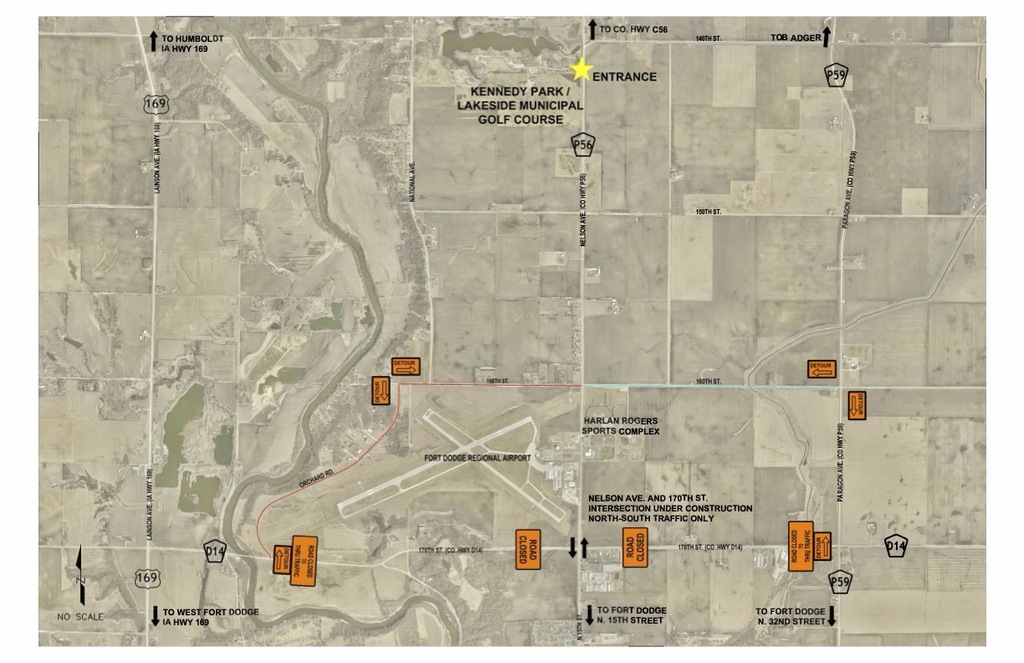 Fort Dodge traffic detour map for the State Cross Country Championships, showing road closures and alternate routes to Kennedy Park and Lakeside Golf Course.