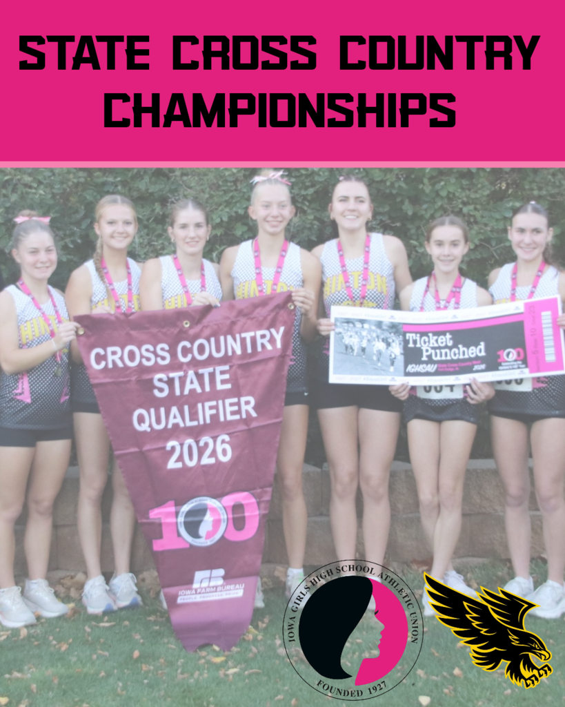Hinton girls cross country team posing together after qualifying for the 2026 State Cross Country Championships, holding a state qualifier banner and ticket graphic.