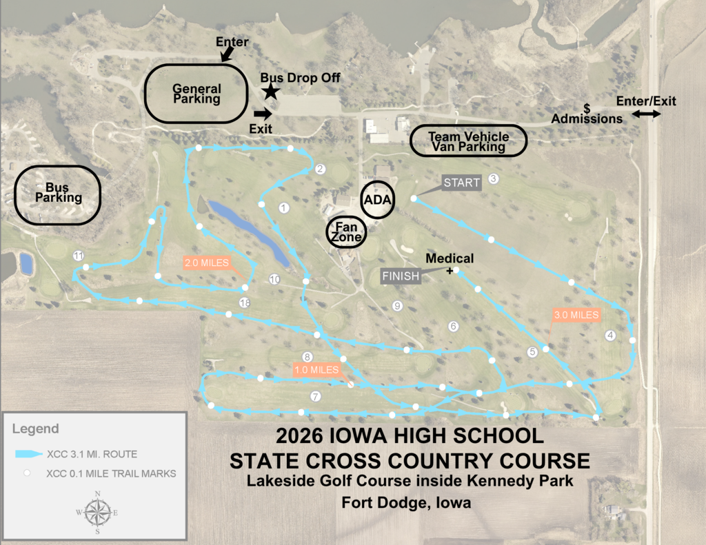 Map of the 2026 Iowa State Cross Country course at Lakeside Golf Course in Kennedy Park, showing the race route, start and finish areas, fan zone, parking, and entrances.