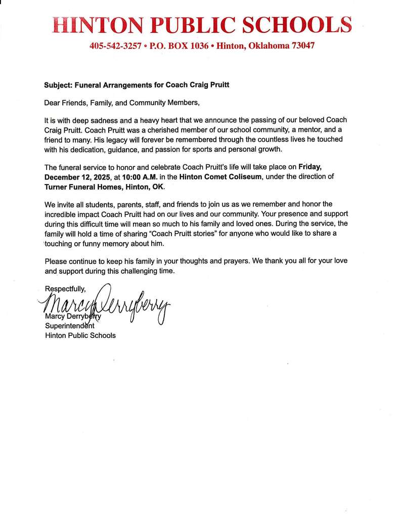 Funeral arrangements for Coach Craig Pruitt