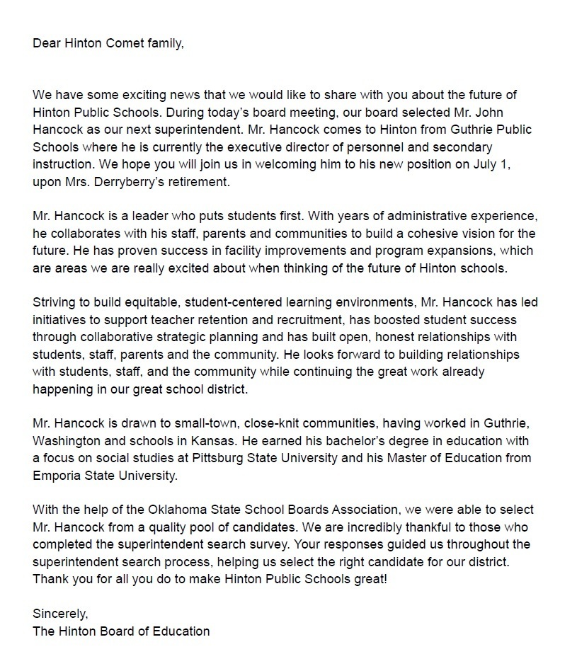 New Superintendent Hire