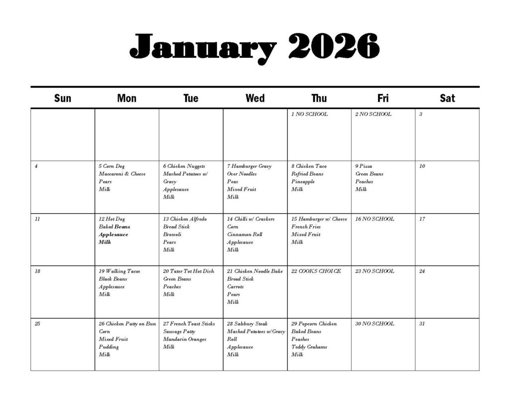 January Lunch Menu