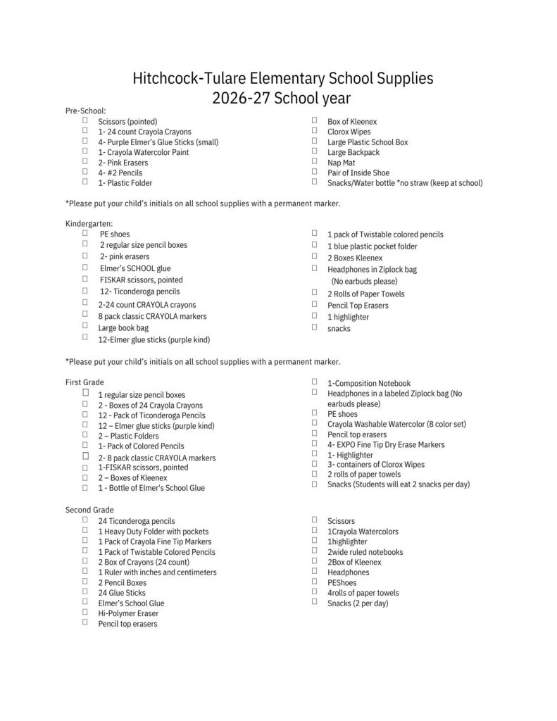 Elementary Supply List