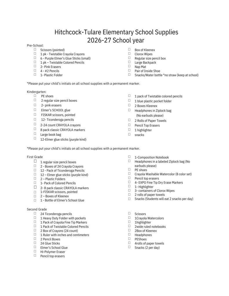 Elementary Supply List