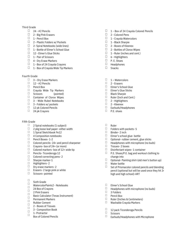 Elementary Supply List