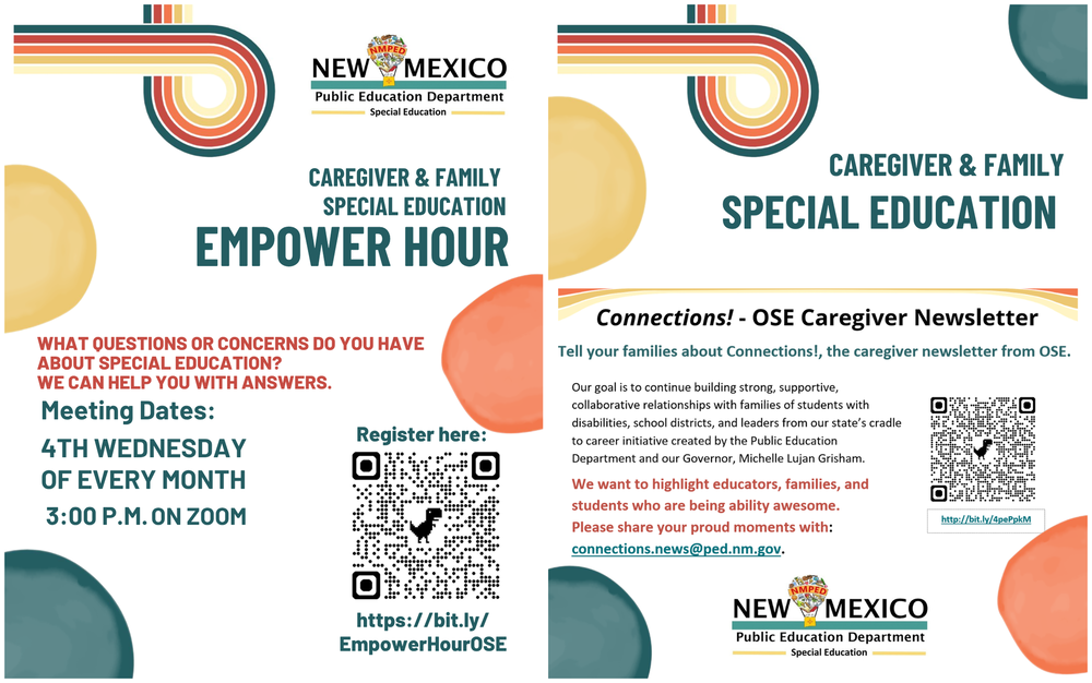 Flyer promoting Caregiver & Family Special Education Empower Hour, with monthly Zoom meeting information and registration QR code.