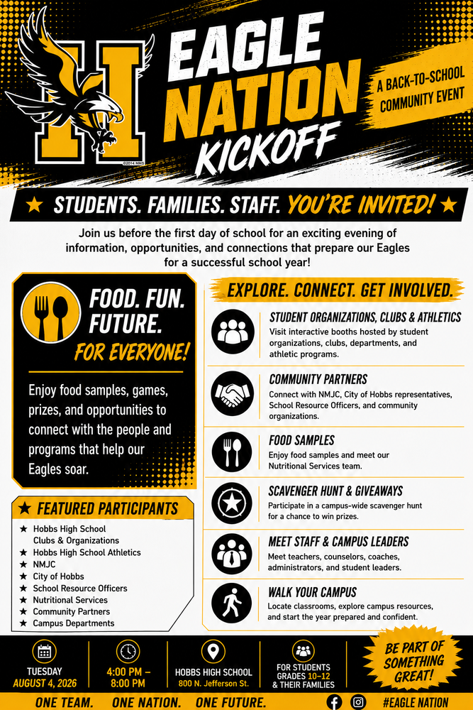 Hobbs High School Eagle Nation Kickoff Black and Gold Flier for Back to School Community Event