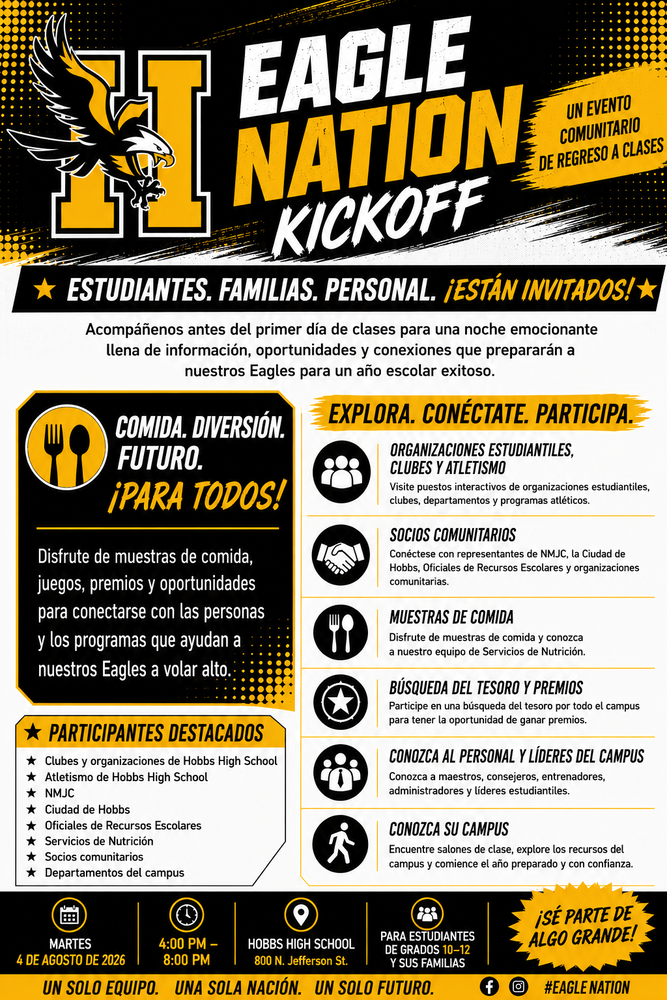Hobbs High School Eagle Nation Kickoff - A Back to School Community Event Black and Gold Flier in Spanish
