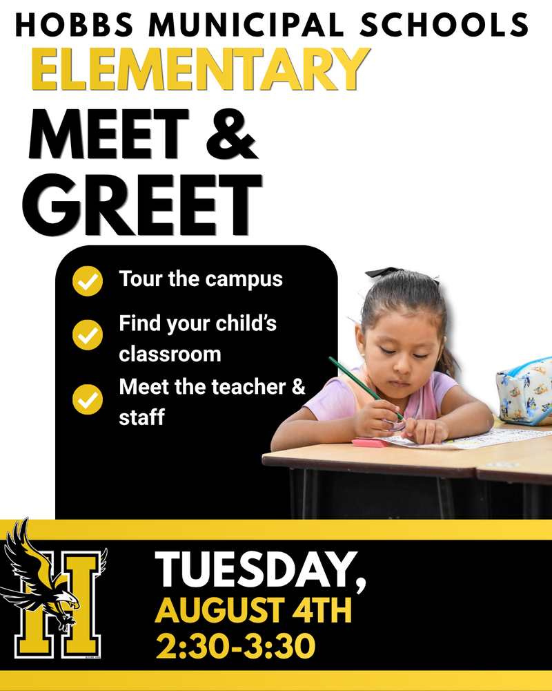 Flyer invites Elementary students and families to the Elementary Meet & greet on Tuesday, August 4th from 2:30-3:30