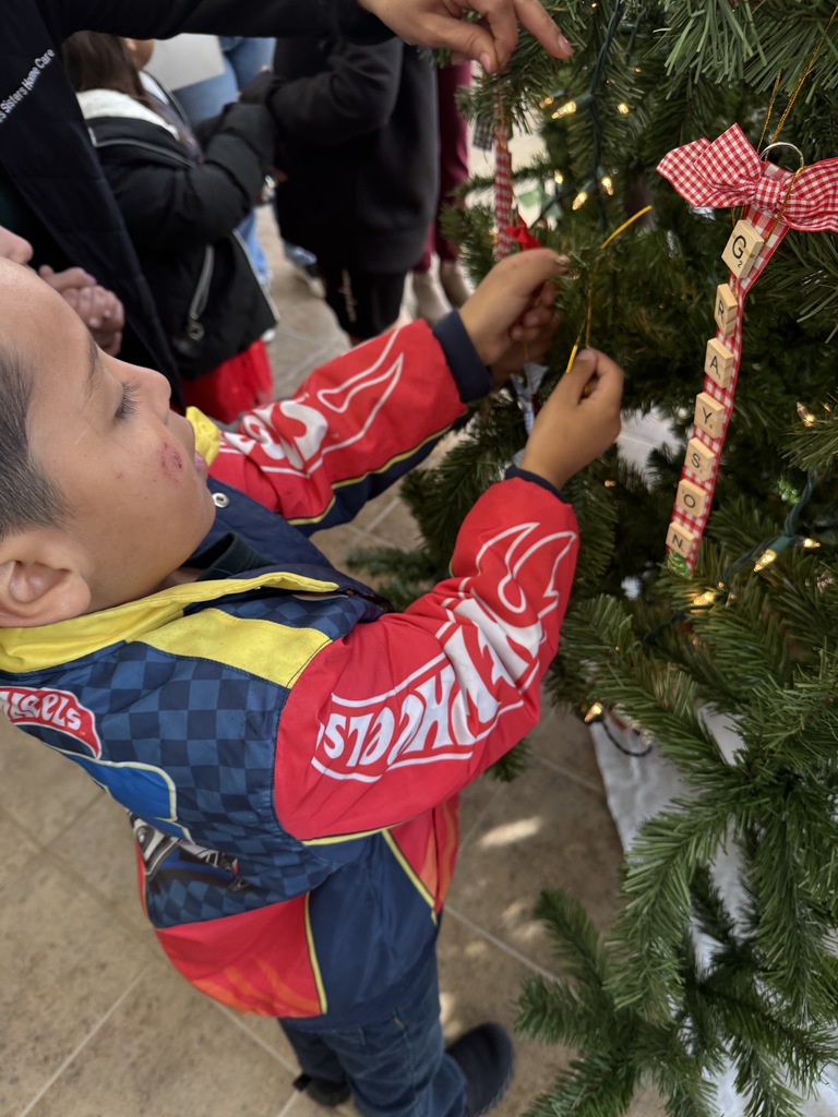 kid hanging ornament on tree